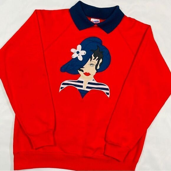 Vintage Embroidered Paris Lady Collard Crewneck Sweater - Picture 1 of 6